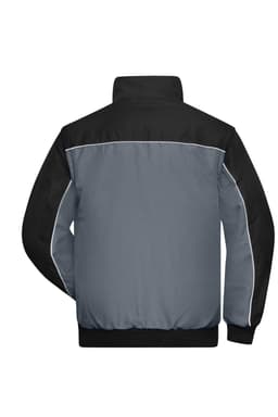 A workwear jacket featuring a grey body with black accents and a high collar. It has contrasting piping and a logo.