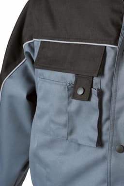 A blue and black workwear jacket featuring a pocket and contrasting stitching. It has a logo on one side.