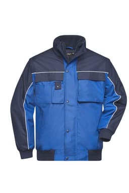 A blue work jacket featuring a navy collar and multiple pockets, with a logo on the chest area.