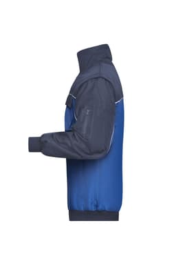 A blue and grey workwear jacket featuring a zippered front and a logo on the sleeve.