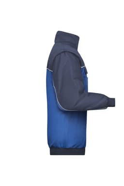 A blue and navy work jacket with a zip front and a logo on the chest area, featuring elastic cuffs.