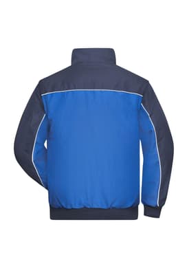 A blue workwear jacket with navy accents and a logo on the back.