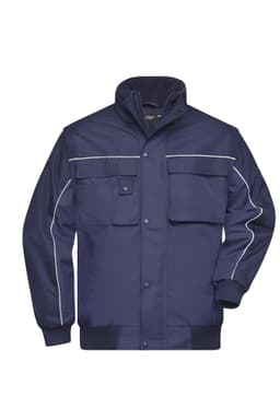 A navy blue workwear jacket featuring multiple pockets and white piping details, with a high collar and ribbed cuffs.