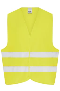 A bright yellow safety vest with reflective white strips, designed for adult use. It features a simple, sleeveless design.