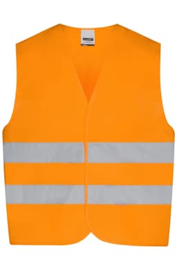 An orange safety vest with reflective silver stripes and a logo on the upper section. Suitable for kids' safety wear.