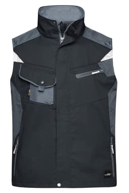 A black work vest with grey accents, featuring multiple pockets and a zip front. It has a branded logo.