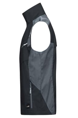 A sleeveless workwear vest in black and grey, featuring multiple pockets and a logo.