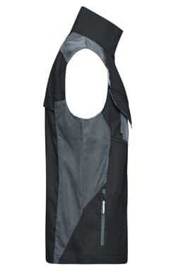A black workwear vest featuring a sleeveless design and a grey panel, with a zipped pocket and a logo.