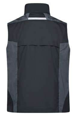 A black workwear vest featuring grey accents, with a high collar and no sleeves. It includes a logo on the back.