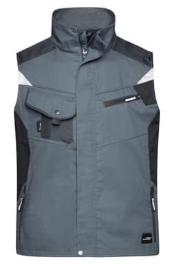 A grey workwear vest featuring black accents, pockets, and a logo. Ideal for various work environments.