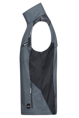 A workwear vest in grey and black, featuring a sleeveless design and a logo on the front.