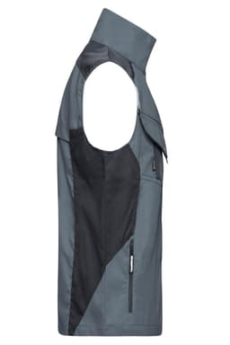 A grey and black work vest with a sleeveless design and a high collar, featuring a logo on the front.