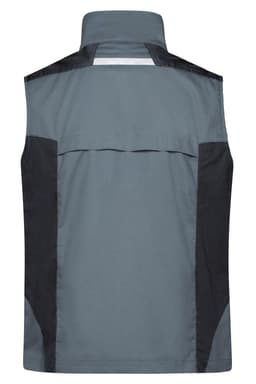 A grey workwear vest featuring black side panels and a high collar, with a logo on the back.