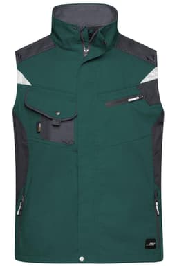 A green and grey work vest featuring multiple pockets and a high collar. Includes a logo on the front.