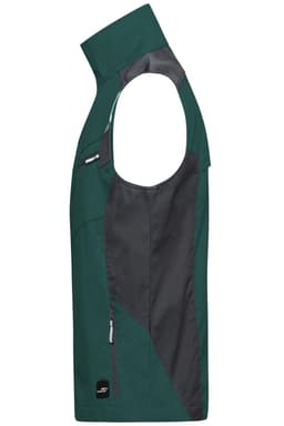 A green and grey sleeveless work vest featuring a side zip pocket and a logo.