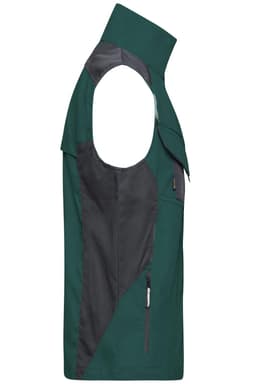 A green and grey workwear vest featuring a sleeveless design and multiple pockets.