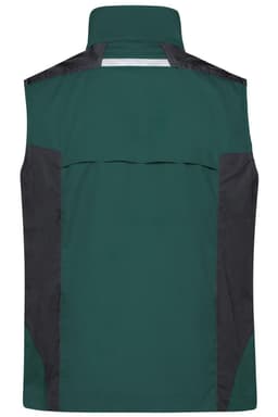 A green and black workwear vest featuring a high collar and a reflective panel on the back. Includes a logo.