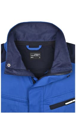 A blue work vest with a navy collar, featuring a front zip and snap buttons, and a pocket detail.
