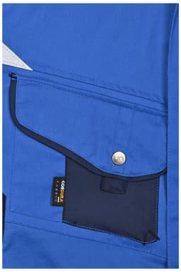 A blue workwear vest featuring a pocket and a logo, with reflective detailing for visibility.