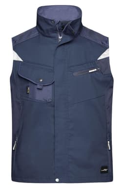 A navy workwear vest featuring multiple pockets and a high collar, designed for practicality and comfort.