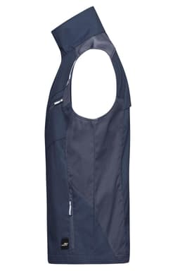 A navy work vest featuring a sleeveless design, zippered pockets, and an incorporated logo.