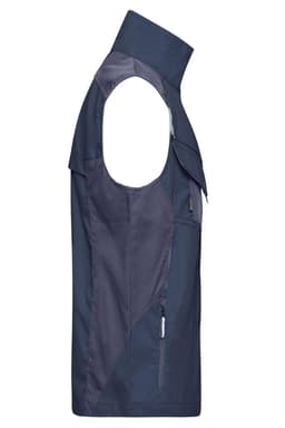 A navy workwear vest featuring sleeveless design, zippered pockets, and a high collar. It has a branding logo.