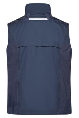 A navy work vest featuring a high collar and a back flap for ventilation, with a logo present.