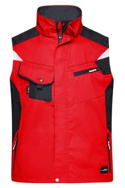 A red and black workwear vest featuring multiple pockets and a zip-up front, with a logo on the design.