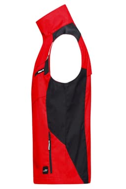 A red and black workwear vest features a sleeveless design and a side zip pocket, with a logo on it.