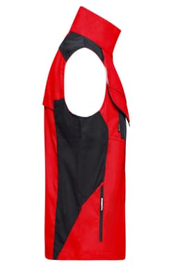 A red and black work vest featuring sleeveless design and multiple zippered pockets, along with a branding logo.