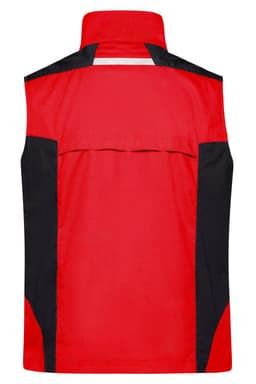 A red workwear vest with black accents and a reflective panel on the back. It features a logo on the front.