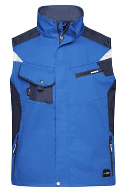 A blue workwear vest featuring multiple pockets and a high collar. It includes a logo on the front.