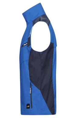 A blue work vest with navy accents, featuring a zip pocket and a sleeveless design. It includes a logo.