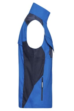 A blue workwear vest with a navy panel on the side, featuring an armhole design and a logo.