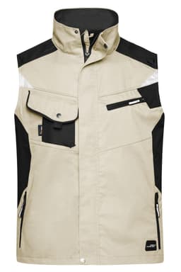 A beige work vest with black accents, featuring multiple pockets and a logo. Suitable for various work environments.