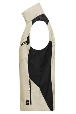 A beige workwear vest with black accents and a zippered pocket, featuring a logo on the front.