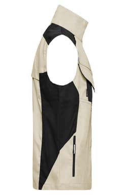 A workwear vest in beige and black, featuring a sleeveless design and multiple pockets. It has a logo present.