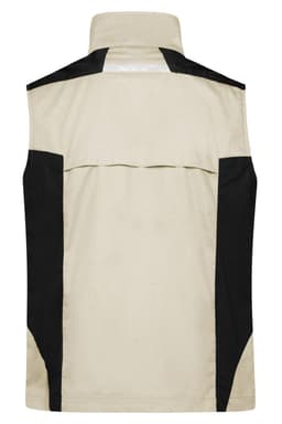 A workwear vest in cream and black, featuring contrasting panels and a collar. It includes a logo on the chest area.