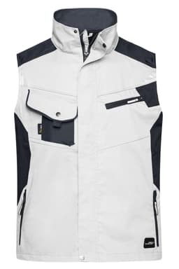 A workwear vest in white with navy accents, featuring multiple pockets and a logo on the front.
