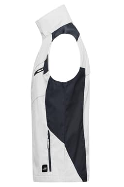 A workwear vest in white with black accents and a zippered pocket, featuring a logo on the front.