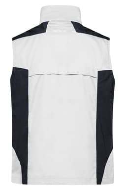 A workwear vest in white, featuring black accents on the shoulders and sides, with a high collar.