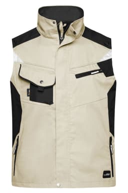 A beige and black work vest featuring multiple pockets and reflective elements, with a logo on it.