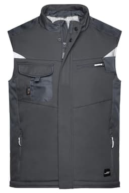 A grey softshell vest featuring multiple pockets and a logo.