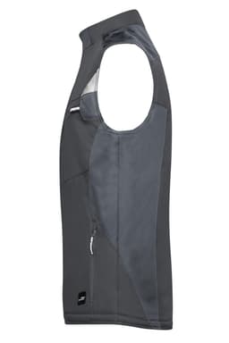 A grey softshell vest with a zip pocket and a logo, featuring a sleeveless design.