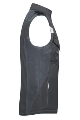 A grey softshell vest featuring a sleeveless design and front pockets, with a logo on the chest.