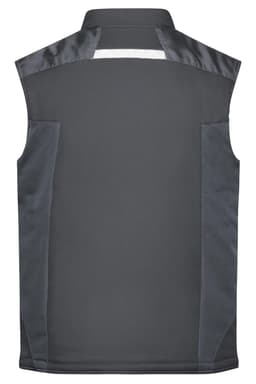 A grey softshell vest with a collar and reflective strip, featuring side pockets and a logo.