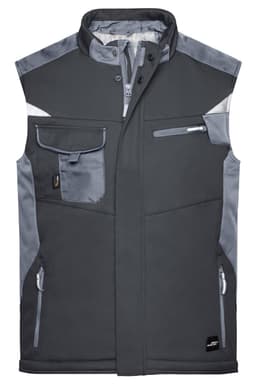A dark grey softshell vest featuring grey accents, multiple pockets, and a logo on the side.