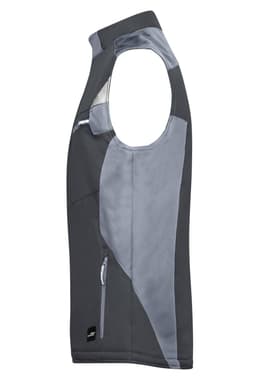 A grey and dark grey softshell vest with a side zip pocket and a logo on the lower hem.