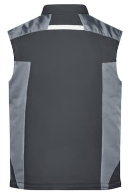 A grey softshell vest featuring a sleek design with lighter grey panels and a branding logo.