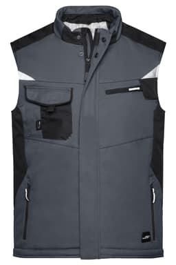 A grey softshell vest featuring black accents and multiple pockets, with a logo on the front.